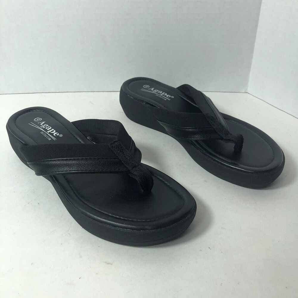 Agape Collection Sandals Womens‎ Size 9 Black Slip on Thong Flip Flop Wedge F1